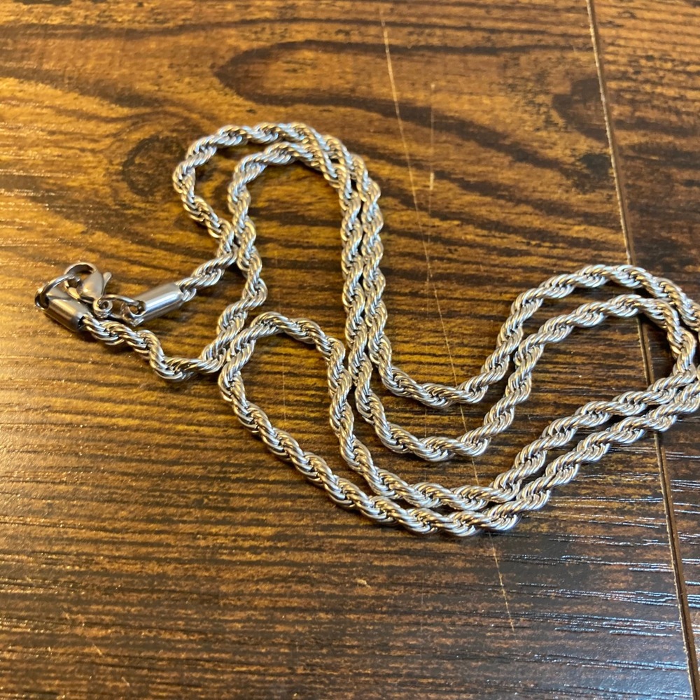 Silver Tone Rope Chain Necklace 23.5 Inch 3mm Twisted Link Lobster Clasp